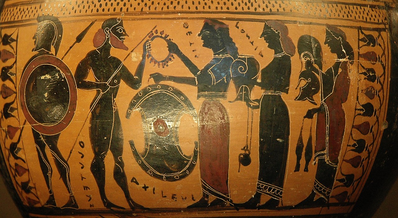 Thetis gives her son Achilles his weapons newly forged by Hephaestus, detail of an Attic black-figure hydria, ca. 575 BC–550 BC.